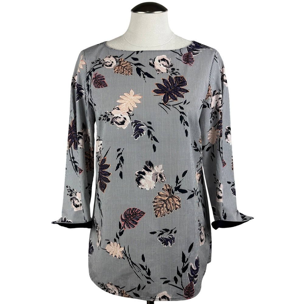 Lafayette 148 Women's Caddie Blouse 4 Floral Striped 3/4 Zip Sleeve Top Career